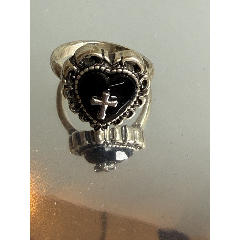 Vintage Gothic Silver Tone Black Heart Small Cross Accent Ring Size 6.5 Punk